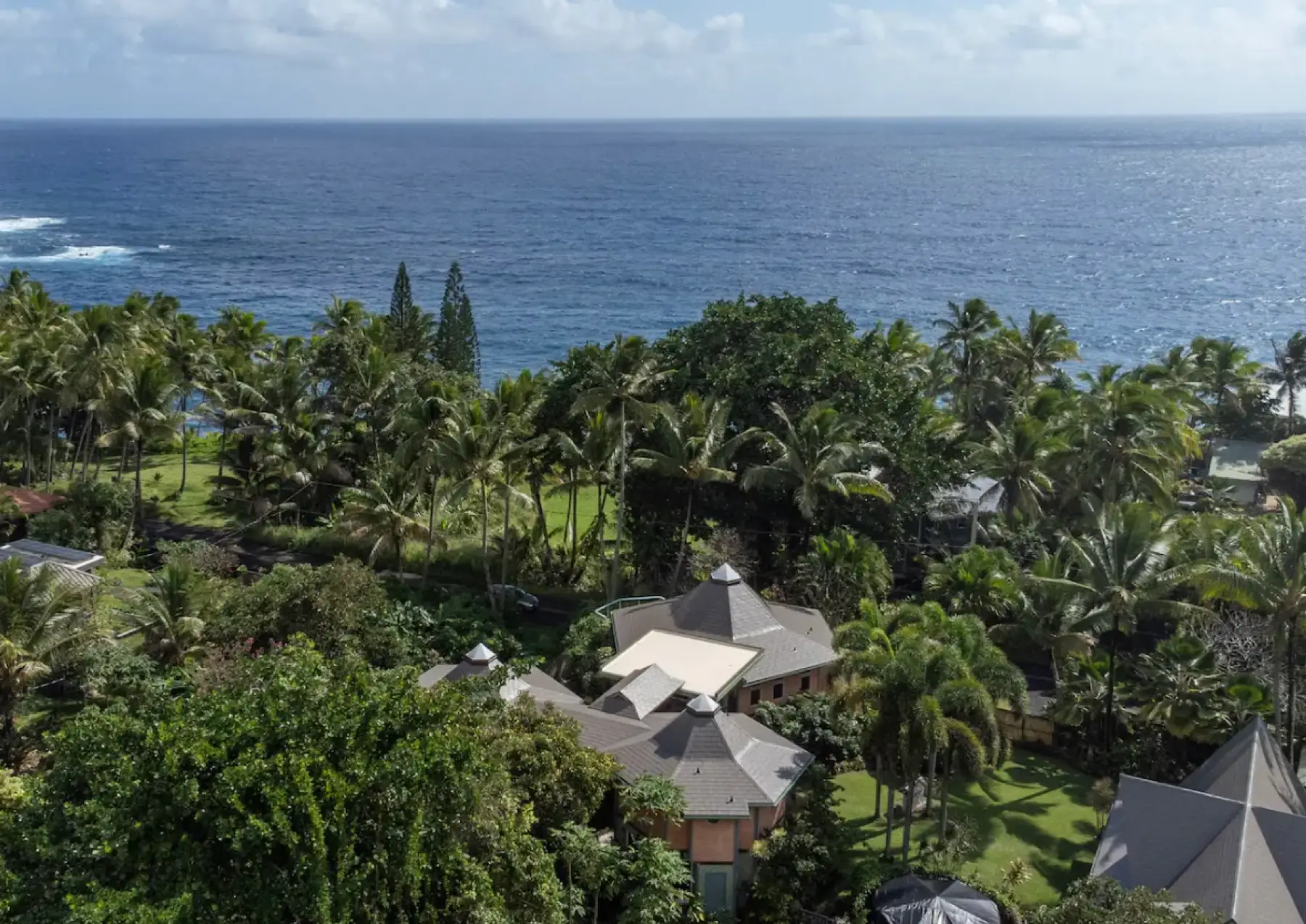 Aerial view of the Pahoa retreat property above the Puna coastline, Big Island of Hawaii