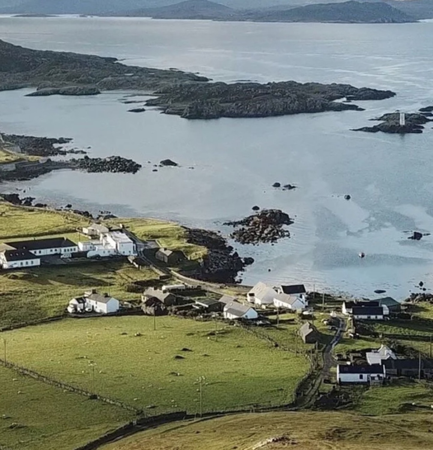 The island village and coastline of Inishbofin from the air