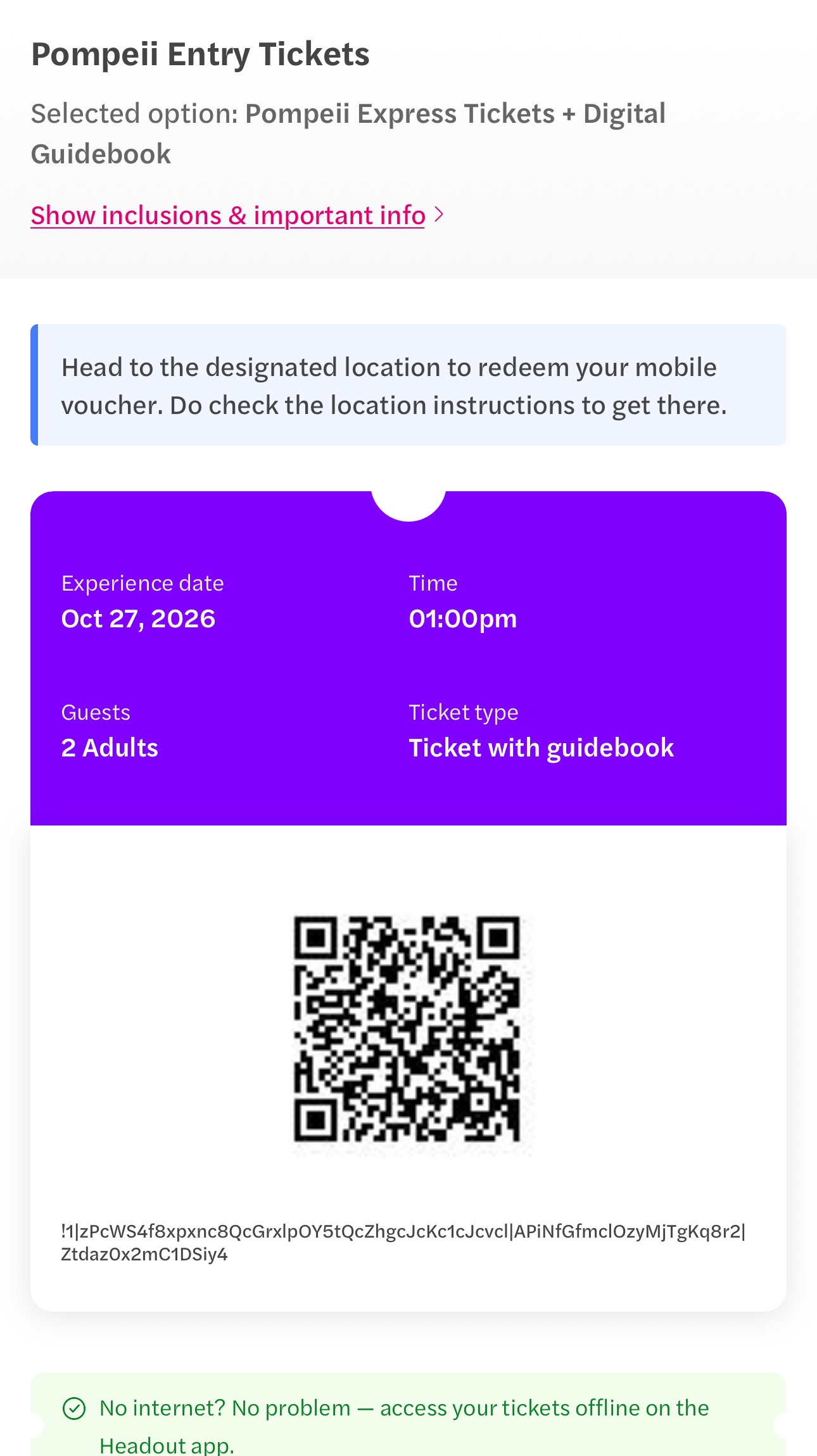 Pompeii Express entry voucher QR code — Headout booking 34464684, 27 October 2026, 2 adults