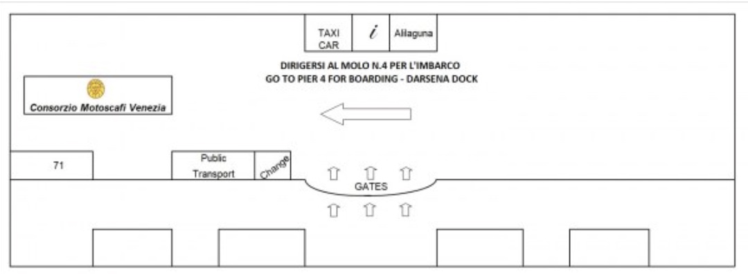 Venice airport terminal map — exit the gates, turn left, continue to Pier 4, Darsena Dock