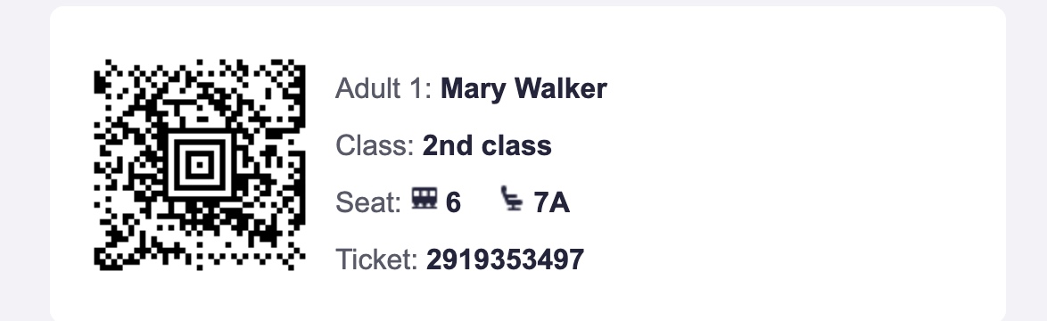 Train e-ticket QR code — Mary Walker, coach 6 seat 7A, ticket 2919353497