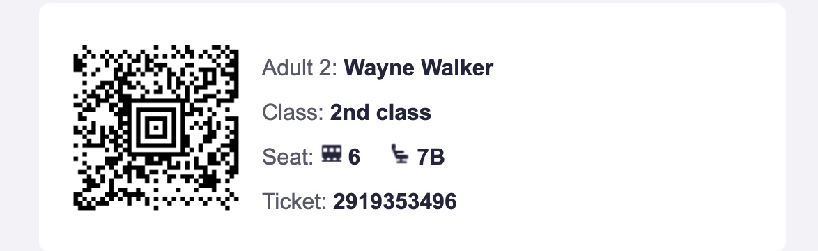 Train e-ticket QR code — Wayne Walker, coach 6 seat 7B, ticket 2919353496