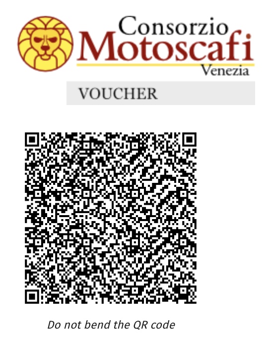 Consorzio Motoscafi Venezia water taxi voucher QR code — booking 74MOJ